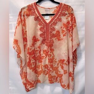 CHICOS Embroidered Poncho Cream Orange Floral Sheer Boho Beach Resort Size S/M